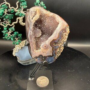 Agate Geode Quartz Sugar Druzy Raw Specimen on Stand Crystal Blue Banding